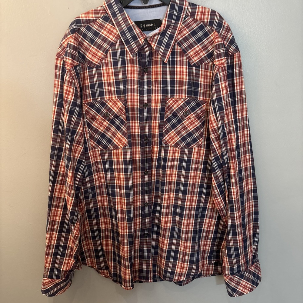J.Campbell Long Sleeve Western Button Down Shirt Red/Navy  Mens XL Workwear
